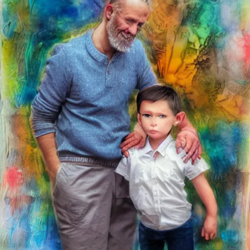 Prompt: hyperdetailed mixed media collage of a photorealistic father with child. pastel tones. matte background