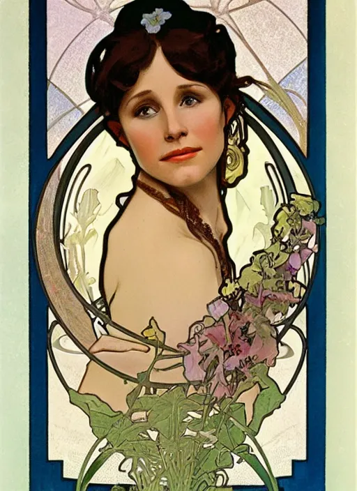 Image similar to portrait of kristen bell by alphonse mucha