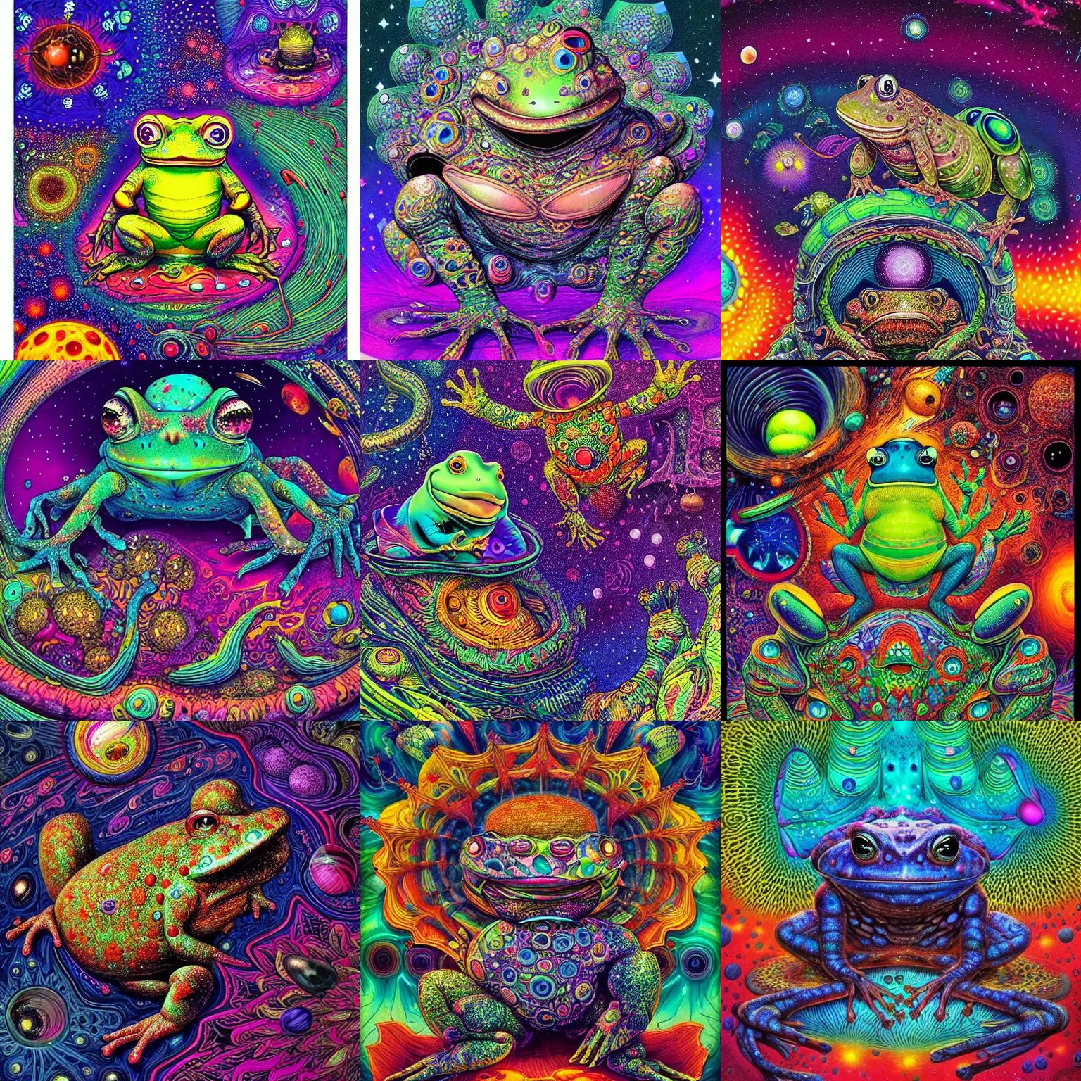 Prompt: very cosmic toad, vivid colors, psychedelic, hyperdetailrd, by android jones and joe fenton