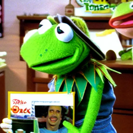 Image similar to kermit the frog selling. Still from late night infomercial