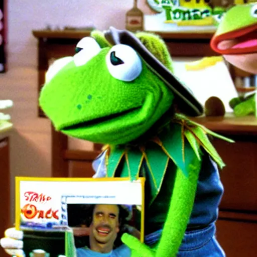 Prompt: kermit the frog selling. Still from late night infomercial