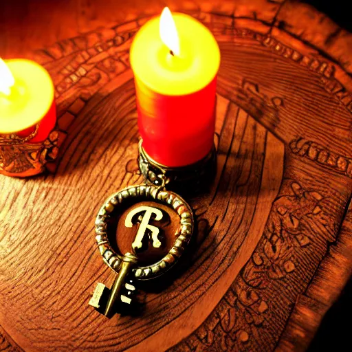 Image similar to a large ornate key with gems and engraved runes, on a rough wooden dungeon table, very little light, candlelit, d & d, underexposed macro photo