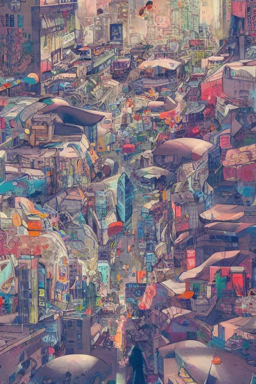 Image similar to people in a busy city covered with graffiti clouds, professional illustration by james jean, painterly, yoshitaka Amano, hiroshi yoshida, moebius, loish, painterly, and artgerm, illustration