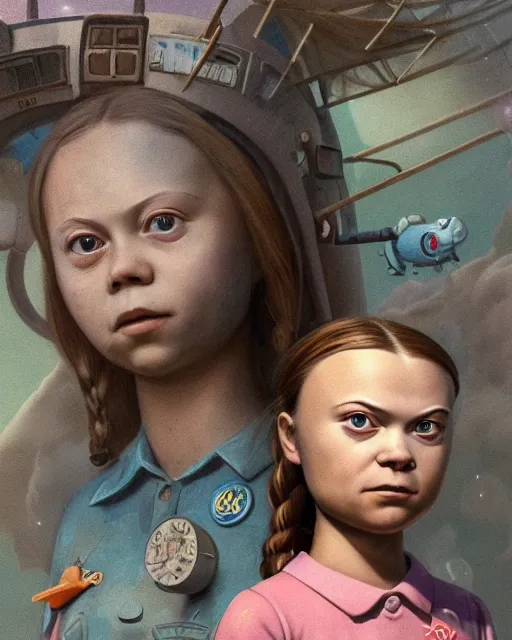 Image similar to closeup face profile portrait of greta thunberg as a soviet chernobyl space toy, bikini, depth of field, zeiss lens, detailed and intricate environment, fashion photoshoot by nicoletta ceccoli, mark ryden, lostfish, breathtaking, 8 k resolution, artistic, hyperrealistic, octane render