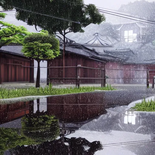 Image similar to still photo of rain puddles and reflections in a japanese village, cloudy weather, highly detailed, photorealistic shot, bright studio setting, studio lighting, crisp quality and light reflections, unreal engine 5 quality render