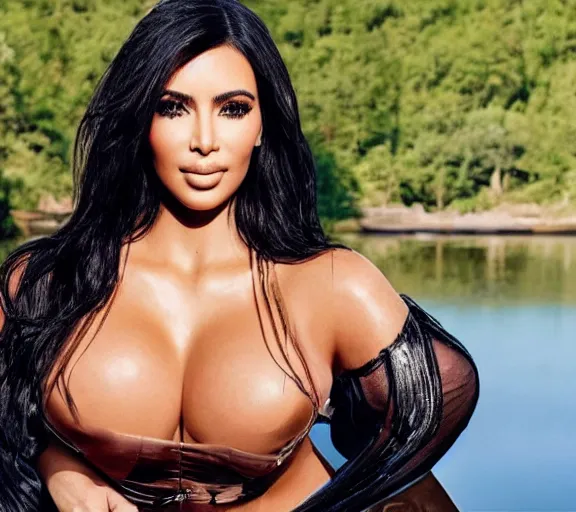 Image similar to professional photo of kim kardashian wearing a hooters uniform, posed by a lake, intricate, elegant, highly detailed, smooth, sharp focus, by maxim magazine