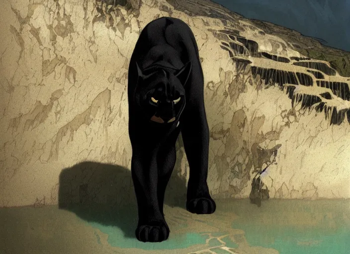 Image similar to animal concept of a black panther melanistic deep black leopard walking on Pamukkale, thermal waters flowing down gold travertine terraces, accurately portrayed, portrait art by alphonse mucha and greg rutkowski, highly detailed, digital painting, concept art, illustration, dim lighting with twilight rays of sunlight, trending on artstation, very detailed, smooth, sharp focus, octane render, close up