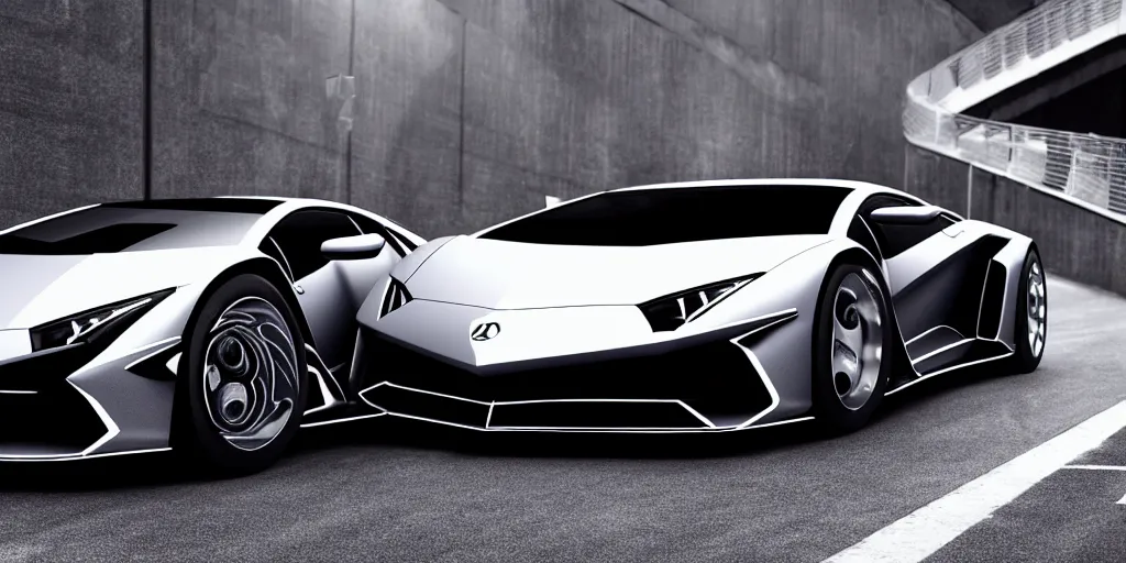 Image similar to a mercidez benz in the shape of lamborghini car design, high detail, 4 k