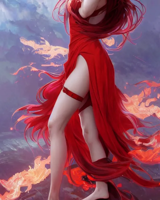Image similar to red eyed beautiful long haired anime girl, red dress, full body photo, flames everywhere, highly detailed, digital painting, artstation, concept art, smooth, sharp focus, illustration, art by artgerm and greg rutkowski and alphonse mucha