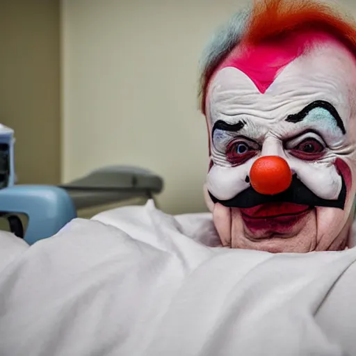 Image similar to insane elderly clown supine in hospital bed, strapped into bed with restraints, trying to get out but unsuccessful, photograph, 8 k