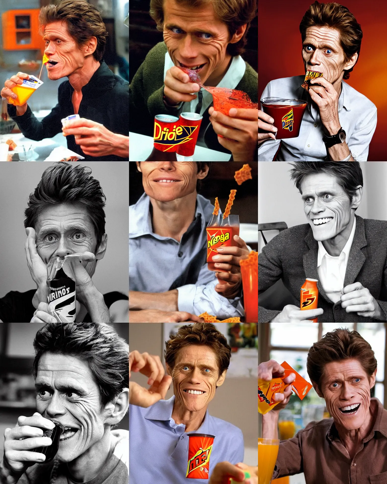 Prompt: young willem dafoe happily drinking doritos juice, 2 0 1 2 viral product advertisement