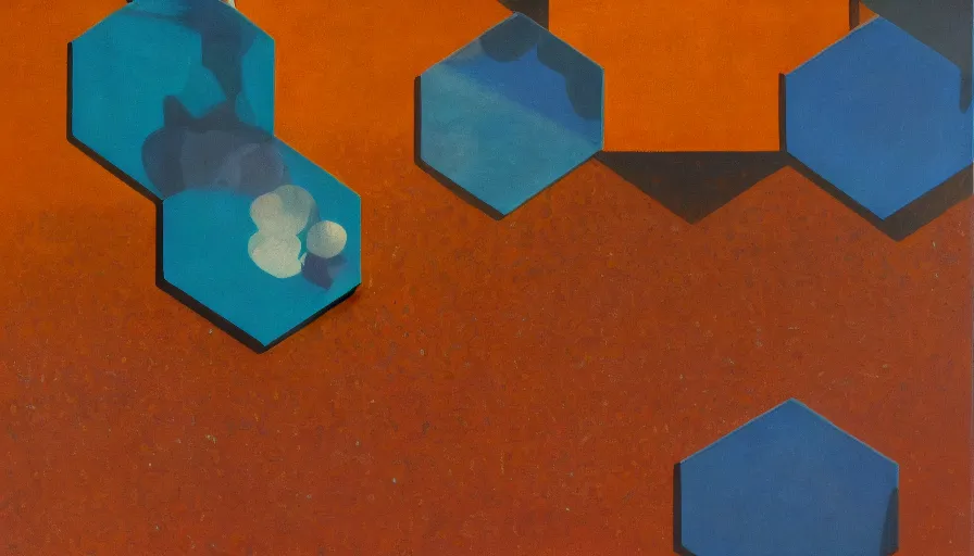 Image similar to hexagon shields, floating in space, blocking the sun, art deco painting