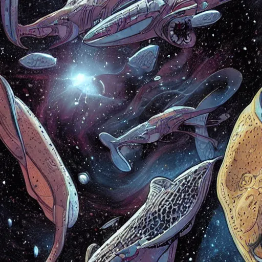 Prompt: space whales swimming through an asteroid belt, intricate, elegant, highly detailed, smooth, sharp focus, detailed face, high contrast, dramatic lighting, graphic novel, art by ardian syaf and pepe larraz,