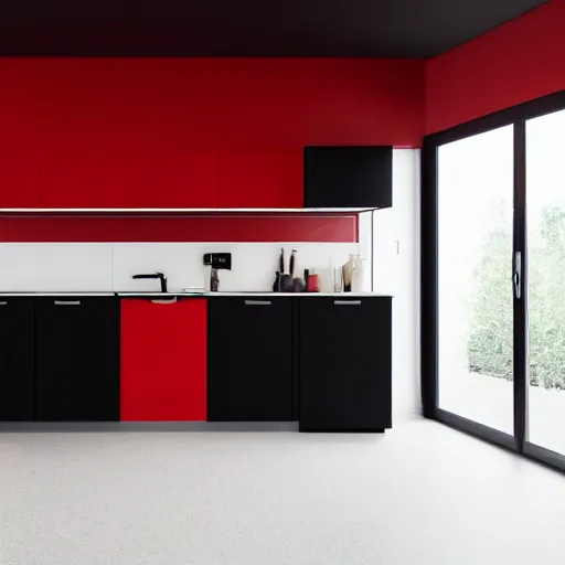 Image similar to photo of black, matte kitchen fronts surfaces and furniture, dark red walls at the back, white floor tiles on the ground, architecture, concept art