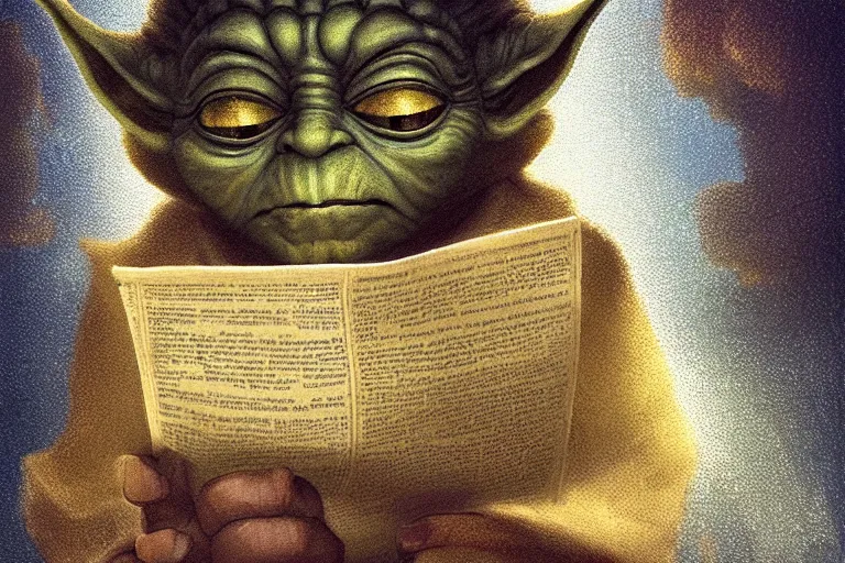 Prompt: a beautiful ultradetailed fine art photo of yoda reading a newspaper in a monastery, by tom bagshaw and zach sutton, backlight, 5 0 mm lens, closeup shot, bokeh, golden ratio composition, sunset golden hour hues, very detailed, artstation, 8 k, highly coherent