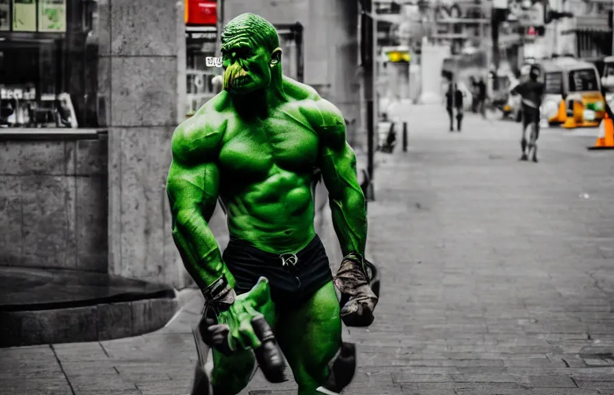 Image similar to a candid street photo of a muscular green-skinned orc in the city, casual clothing, modern fantasy photography, sharp focus, 4k