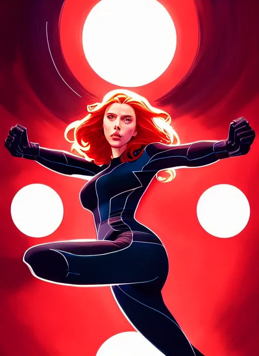 Prompt: rafeal albuquerque comic art, joshua middleton comic art, artgerm, cinematics lighting, night time, pretty scarlett johansson black widow, big smirk, symmetrical face, symmetrical eyes, long red hair, full symmetrical body, flying in the air, jumping off rooftop