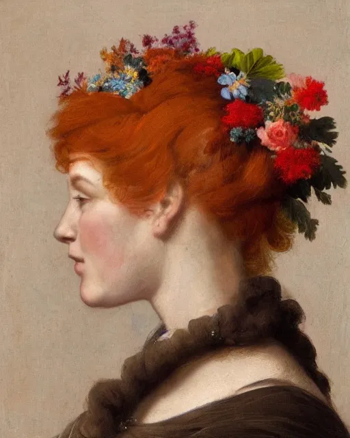 Image similar to a woman's face in profile, redhead, made of flowers, in the style of the Dutch masters, dark and moody