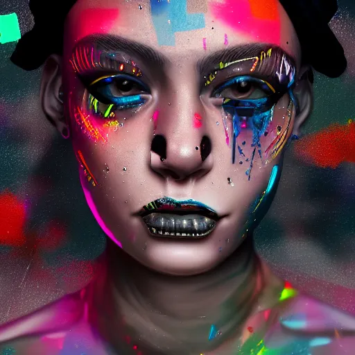Prompt: digital painting of a streetwear woman with running mascara, a futuristic shanty town burns in the background, distress, tattoos, dark strokes, dark glitter, 4k, 8k, hd, full color, octane render, trending on artstation, highly detailed