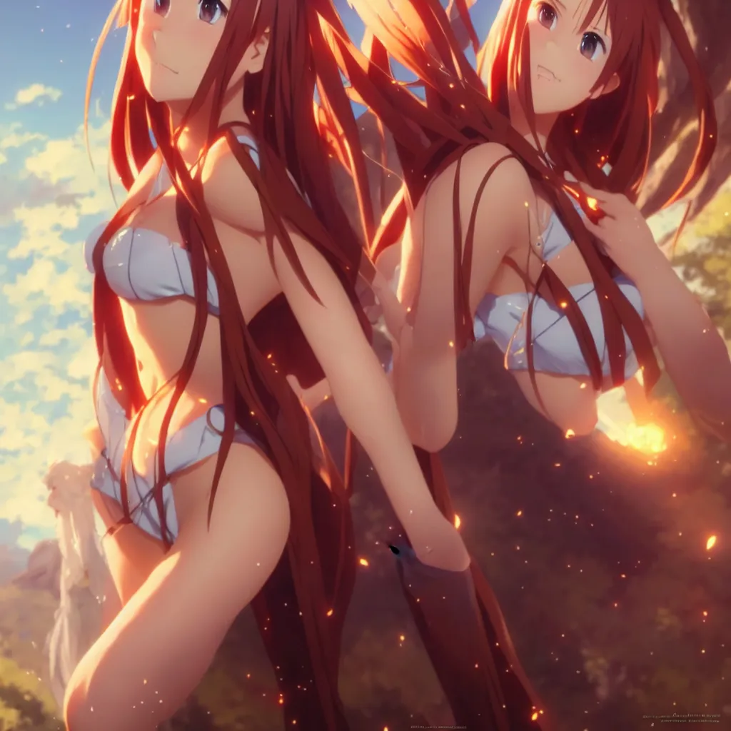 Image similar to beautifu photo of asuna from sao, asuna by a - 1 pictures, by greg rutkowski, gil elvgren, enoch bolles, glossy skin, pearlescent, anime, maxim magazine, very coherent