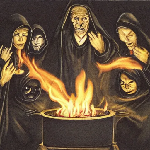 Prompt: cultists in black robes surround a stove, realistic, gothic