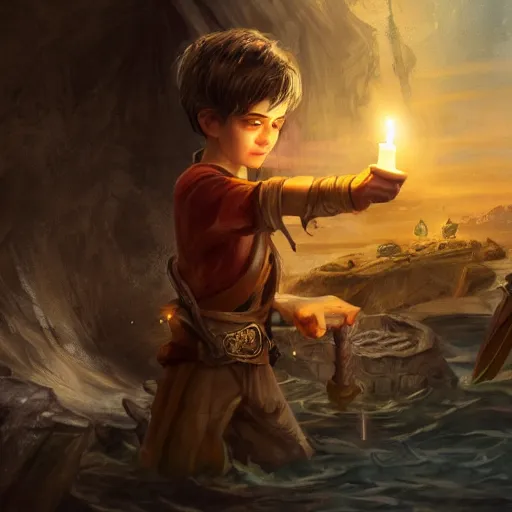 Image similar to concept art of a young swashbuckler holding a candle discovering a sunken city, highly detailed, digital art, illustration, artstation, very detailed, 4 k