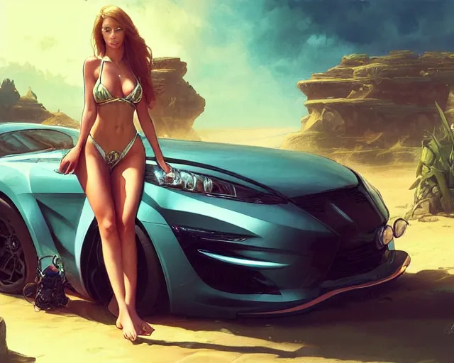 Image similar to a bikini model looking at her car, deep focus, d & d, fantasy, intricate, elegant, highly detailed, digital painting, artstation, concept art, matte, sharp focus, illustration, hearthstone, art by artgerm and greg rutkowski and alphonse mucha