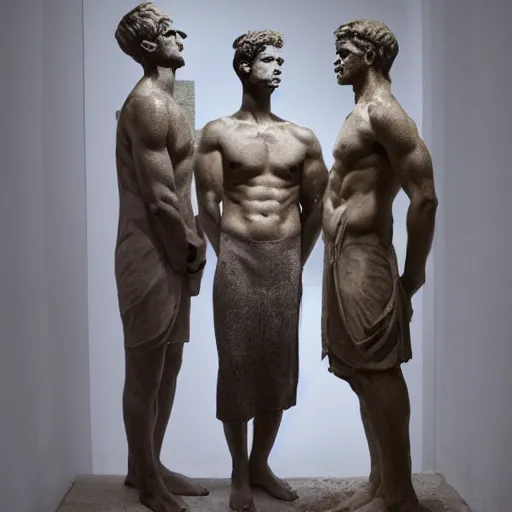 Prompt: 3 greek god with cloths sculpture in a dark room studio lighing