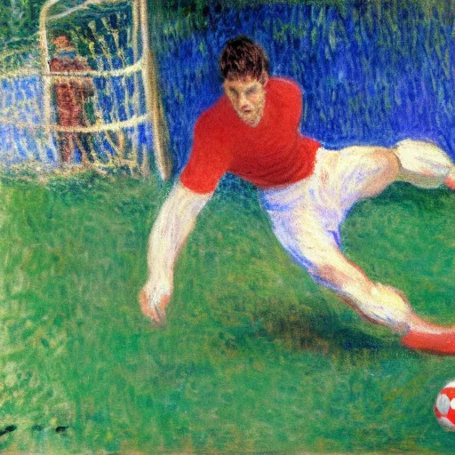 Prompt: monet painting of a skinny blonde man getting hit in the groin with a soccer ball, highly detailed, realistic,