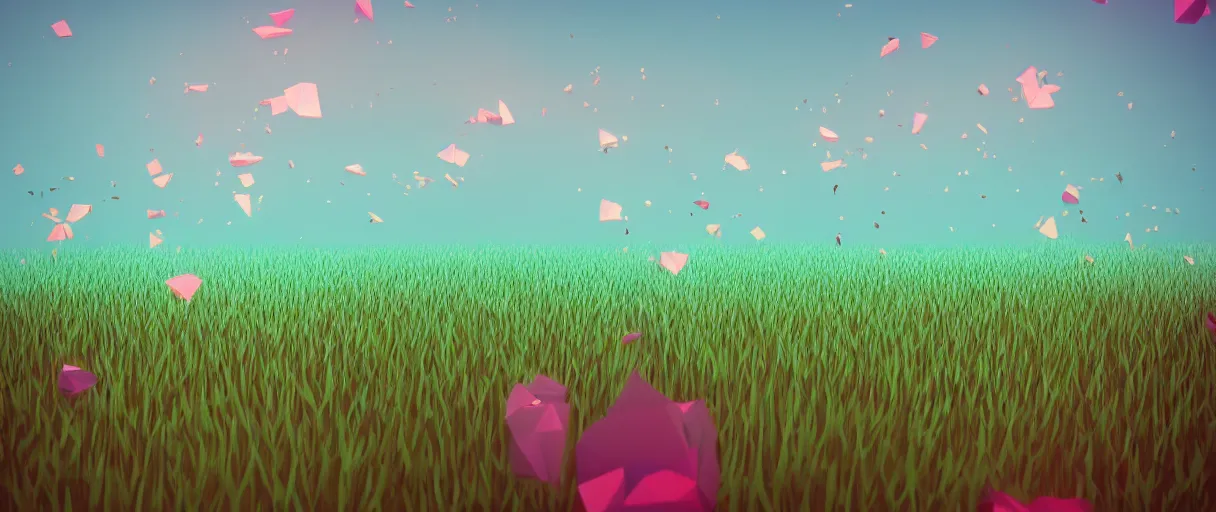 Image similar to 3 d render, low poly art, minimalist, flowers, teal sky, lowpoly, field of dreams, particles floating, unreal engine, dreamy, bokeh, bounce light, radiant lighting