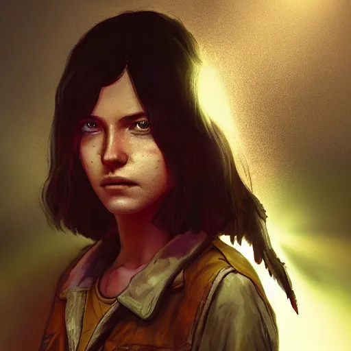 Prompt: portrait art of clementine walking dead telltale games, art by alessio albi 8 k ultra realistic, angel wings, lens flare, atmosphere, glow, detailed, intricate, full of colour, led lighting, trending on artstation, 4 k, hyperrealistic, focused, extreme details, unreal engine 5, masterpiece