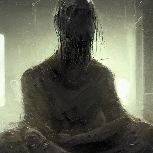 Image similar to concept art by greg rutkowski, a very tall, and slender man with messy blond hair and beard, wearing a black sweater, sitting in the spaceship command bridge, brutalist futuristic interior, dark lighting atmosphere, detailed portraits, nostalgic atmosphere, scifi, digital painting, artstation, concept art, smooth, sharp foccus ilustration, artstation hq