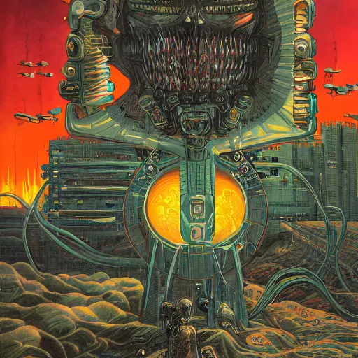 Image similar to dark retro illustration 1 9 7 5 science fiction, gouache and ink, mohrbacher, an evil supercomputer with a ray gun