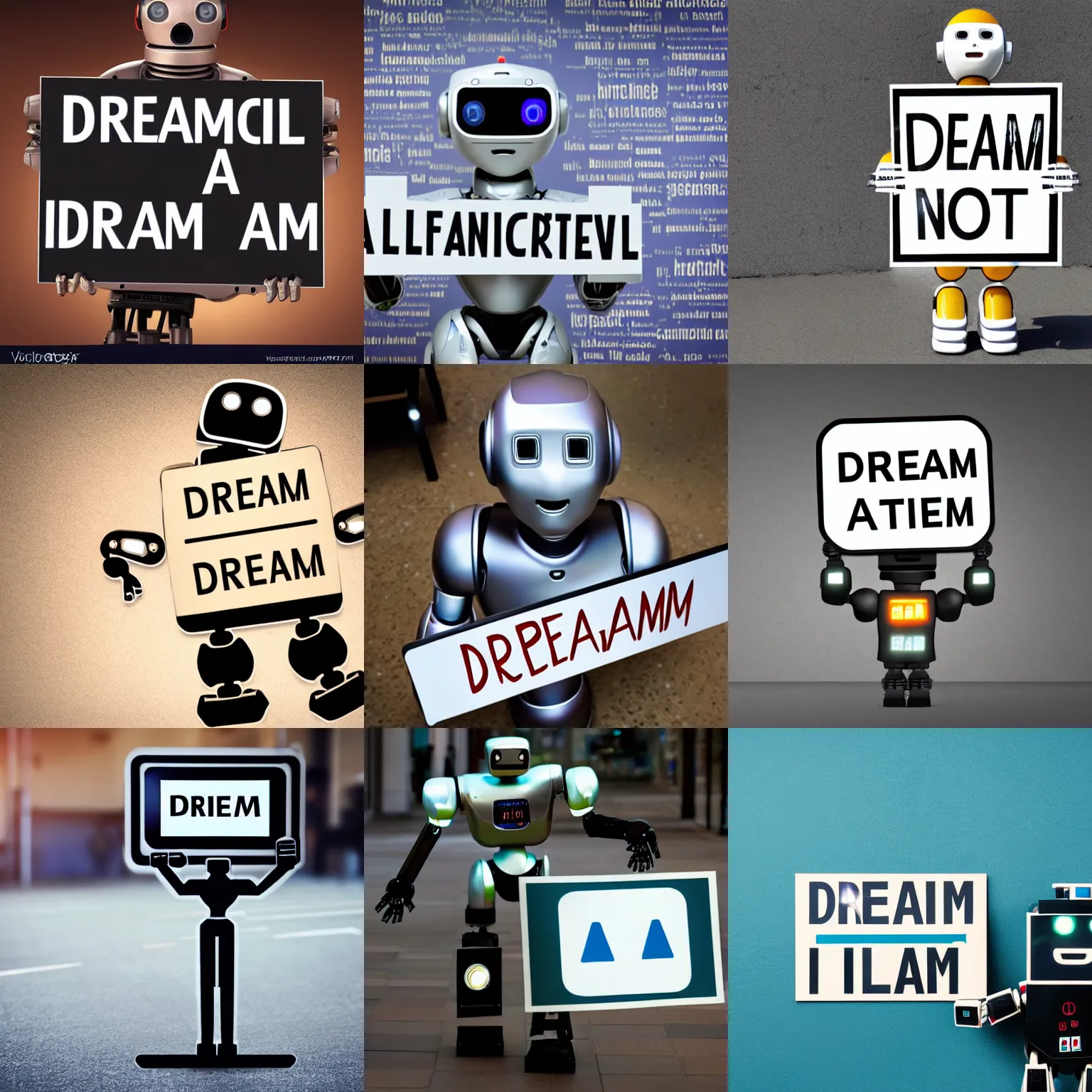 Image similar to artificial intelligence robot holding a sign with text that reads : dream