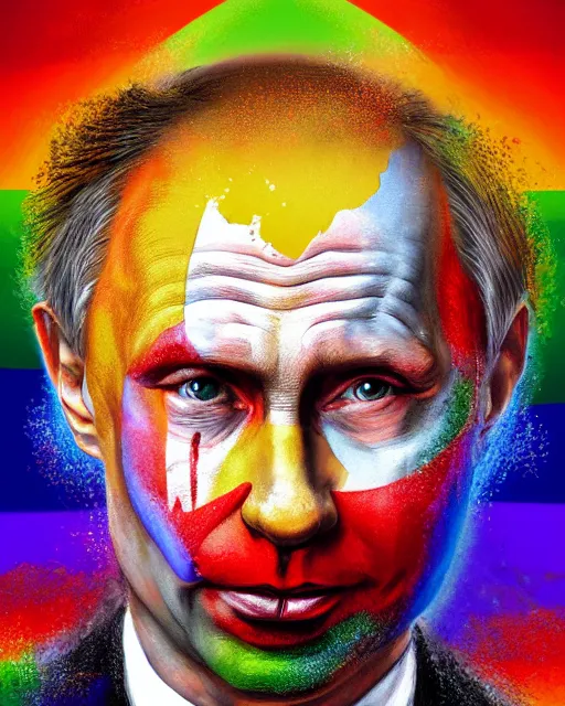 Prompt: a highly detailed portrait of Vladimir Putin as a colorful clown, gay pride flag background, intricate, digital painting, old english, particles floating, whimsical background by marc simonetti, John Singer Sargent style