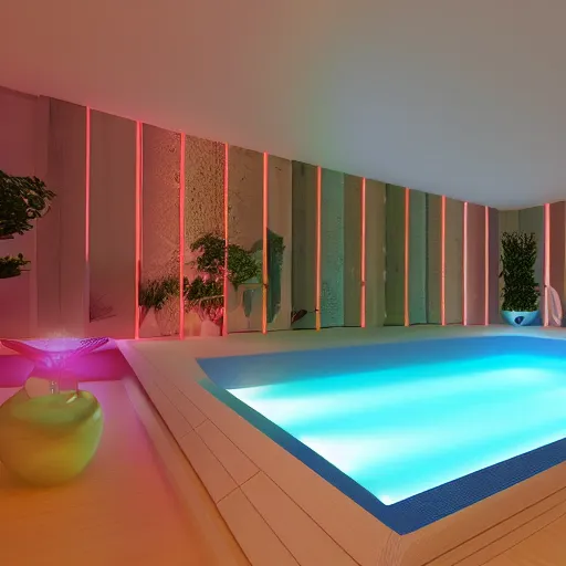 Image similar to govee hue led strip lighting, swiming pool, scene, colourful, 8 k, unreal engine, realistic, house and home,