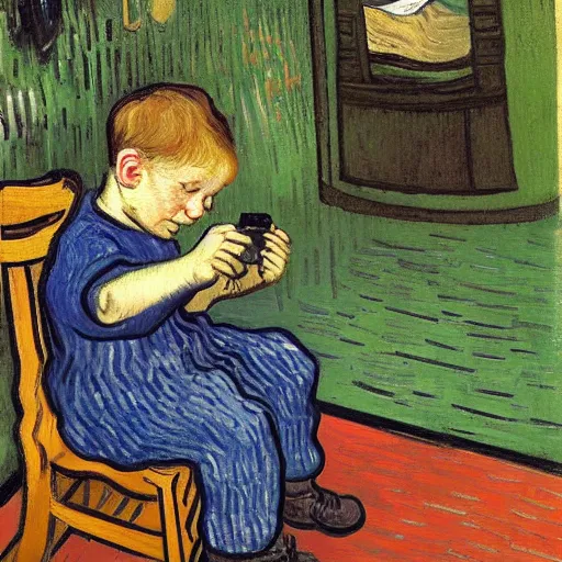 Image similar to little boy with nintendo ds on a seat in a oark by van gogh