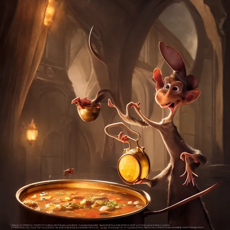 Prompt: beautiful cinematic fantasy poster the rat from ratatouille dramatically tossing food into a copper pot of soup, wideshot ultrawide angle epic scale, hybrid from The Elden Ring and art direction by Darius Zawadzki ;by artgerm; wayne reynolds art station; cinematic quality character render; low angle; ultra high quality model; production quality cinema model;