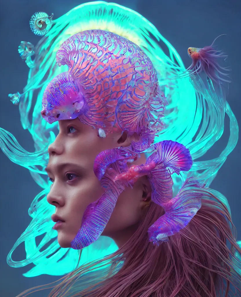 Image similar to goddess close-up portrait. dichroic orchid jellyfish phoenix head, nautilus, skull, betta fish, bioluminiscent creatures, intricate artwork by Tooth Wu and wlop and beeple. octane render, trending on artstation, greg rutkowski very coherent symmetrical artwork. cinematic, hyper realism, high detail, octane render, 8k