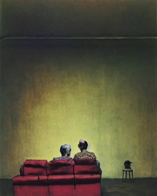 Prompt: early color photo of an old couple sitting on a couch in an old wooden cabin, Beksinski painting, part by Adrian Ghenie and Gerhard Richter