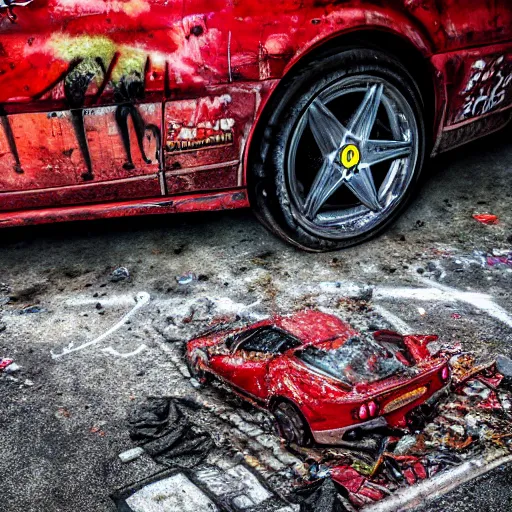 Prompt: hyper detailed and photorealistic, red ferrari, dust, humus, wet street, graffiti on wall, trash scattered, abandoned car garage, 8 k, uhd, after rain, cinematic