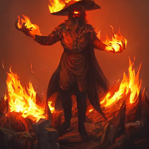 Prompt: male witch stands on a fire burning pyre, surrounded by flames, artstation