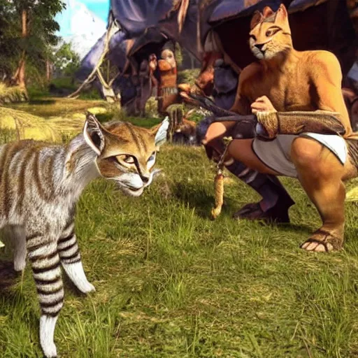 Prompt: Spontaneously petting a Khajiit caravanner right between the ears, evoking an expression of mild bemusement.