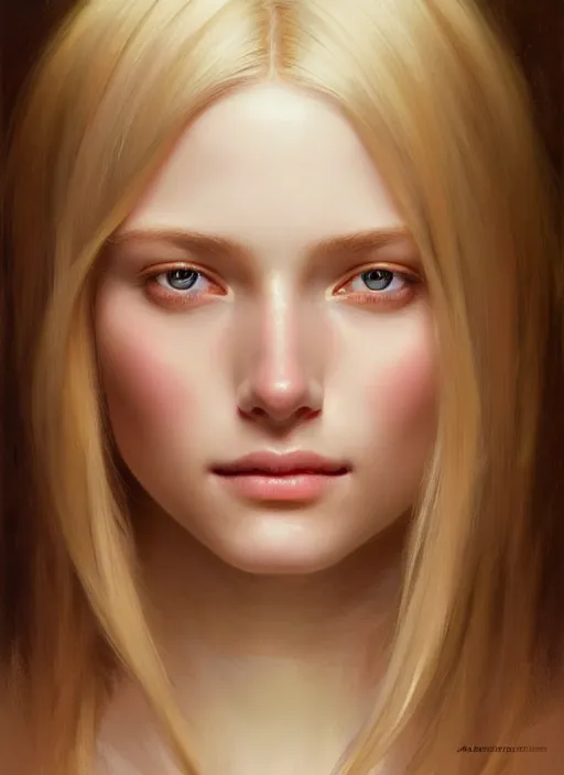 Image similar to beautiful feminine face! portrait of young woman blessed by god with ever - increasing physical and mental perfection, blonde hair, symmetrical! intricate, elegant, highly detailed, vision of holy perfection!! smile, digital painting, artstation, concept art, smooth, sharp focus, illustration, art by artgerm and greg rutkowski and alphonse mucha