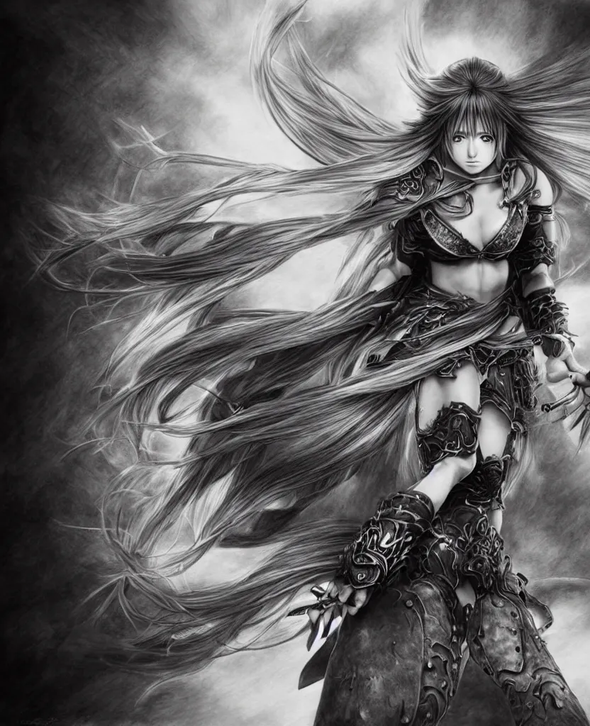 Prompt: hyper - realistic pencil drawing of a fantasy warrior anime woman withwith long hair twirling, very exaggerated fisheye perspective, art by shinichi sakamoto