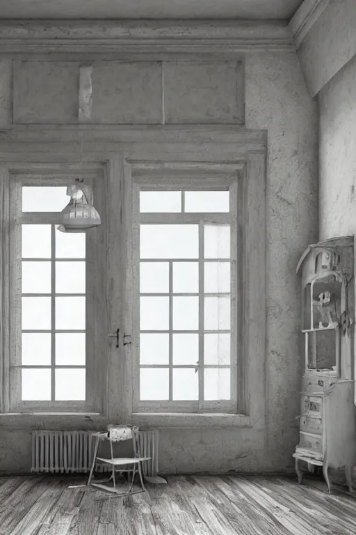 Prompt: matte sharp photo realistic shabby chic room with windows, artstation behance