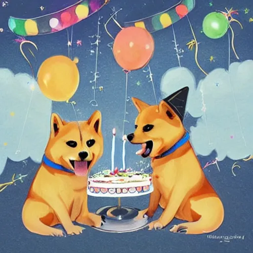 Image similar to expensive birthday card with happy shiba inu dogs eating birthday cake, Nintendo game art, Hayao Miyazaki, intricate detail, illustration, beautiful lighting,