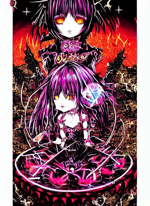 Image similar to spiked bloodmoon sigil stars draincore, goregrind album cover, baroque bedazzled gothic royalty frames surrounding a hellfire hexed witchcore aesthetic, dark vhs broken hearts, neon glyphs spiked pixelsort fairy kei decora doll by guro manga artist Shintaro Kago