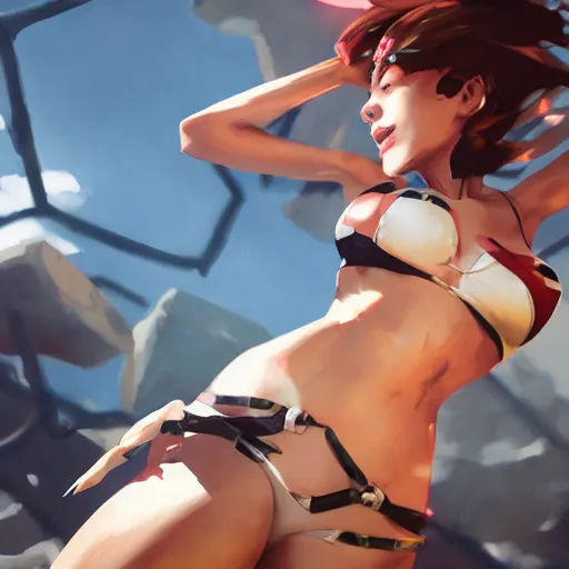 Prompt: tracer in bikini, cinematic lighting, dramatic atmosphere, artwork by dustin nguyen, akihiko yoshida, greg tocchini, greg rutkowski, cliff chiang, 4 k resolution, trending on artstation