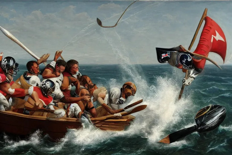 Prompt: a rowboat filled with nfl players in pads and helmets, one has a harpoon, they are chasing a whale, american oil painting